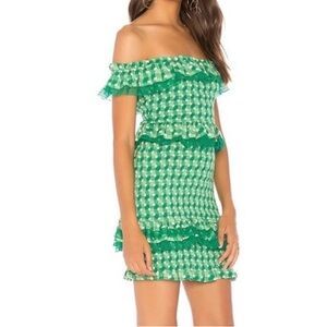 Tularosa Teri dress- emerald green plaid smocked tiered body on lace dress